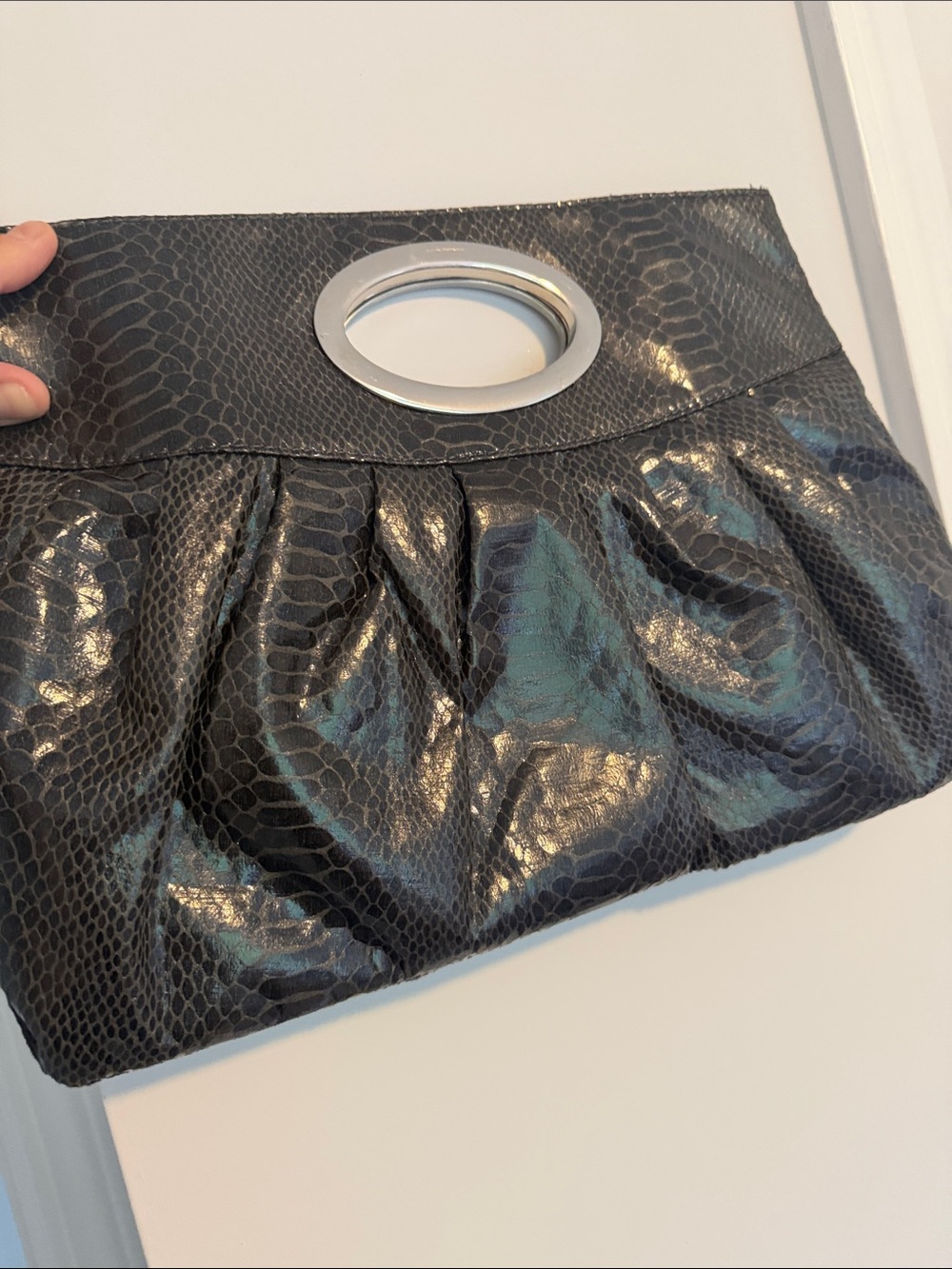 Express Black Faux-Snakeskin Clutch with Silver Oval Handle